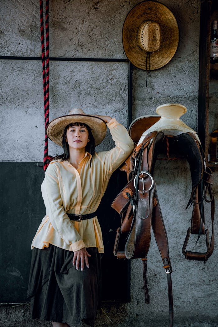 Home Woman in a rustic setting with a cowboy hat and saddle, capturing western style.